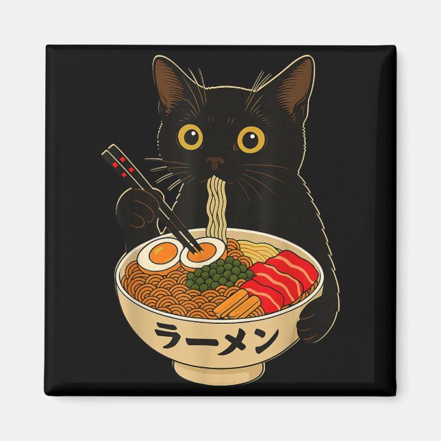 Imã Gato Kawaii Comendo Macarrão Ramen Presente Divert (Frente)