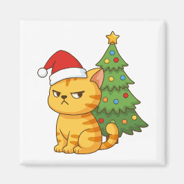 Imã Gato Laranja Mal-Humorado com Chapéu de Natal Árvo