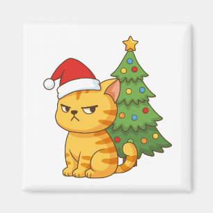 Imã Gato Laranja Mal-Humorado com Chapéu de Natal Árvo