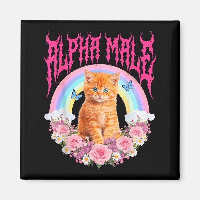 Imã Gato Macho Alfa Kitten Engraçado Floral Arco-íris  (Frente)
