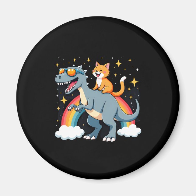 Imã Gato Montando Dinossauro T-Rex Gatinho Arco-Íris D (Frente)