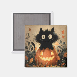 Imã Gato Negra Bonito do Halloween em um Jack-o-Lanter
