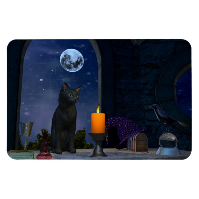 Ímã Gato Negro Bonito Olhando para uma Vela (Horizontal)