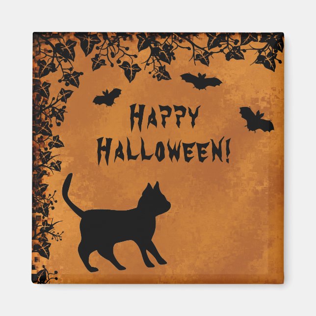 Imã Gato Negro com Bat, Feliz Dia das Bruxas (Frente)