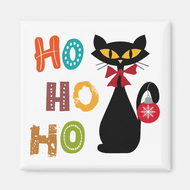 Imã Gato negro com design de texto Ho Ho Ho (Frente)