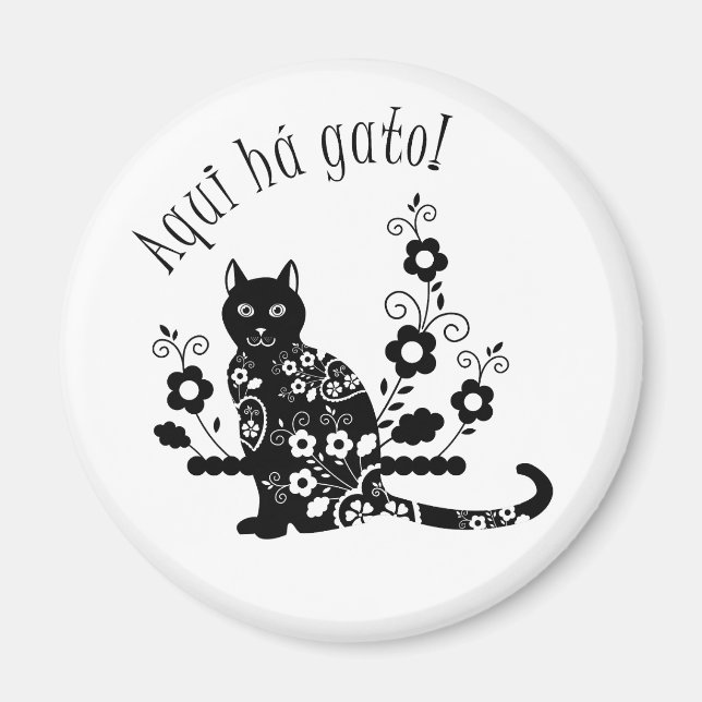 Imã Gato negro com flores e expressão portuguesa (Frente)