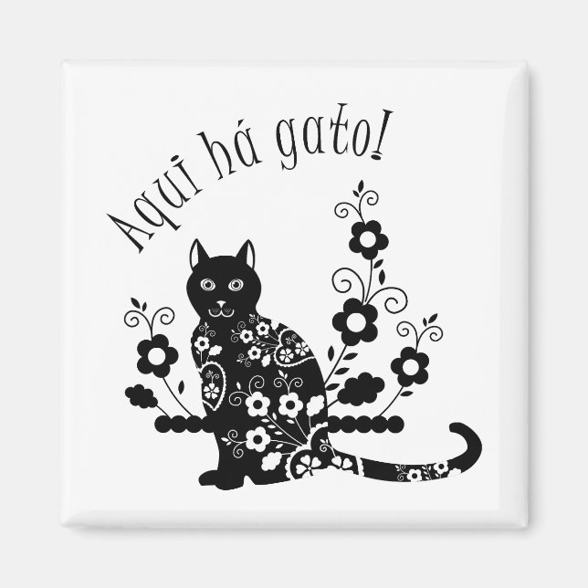 Imã Gato negro com flores e expressão portuguesa (Frente)