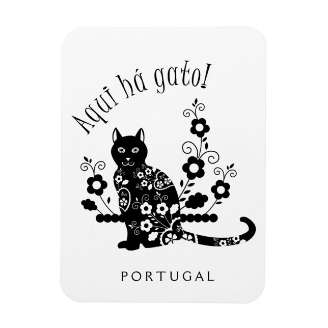 Ímã Gato negro com flores e expressão portuguesa (Vertical)