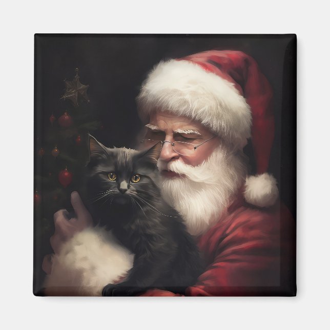 Imã Gato Negro com Papai Noel Natal Festivo (Frente)