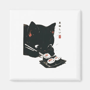 Imã Gato Negro Comendo Sushi - Gato Japonês