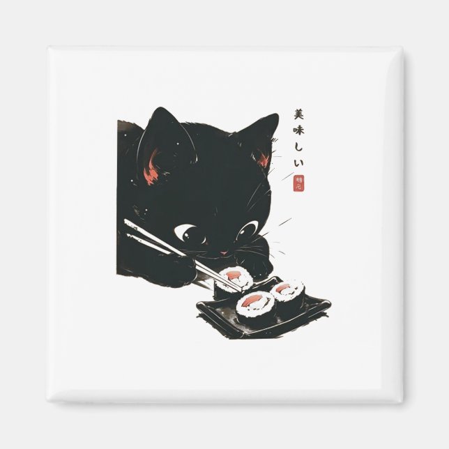 Imã Gato Negro Comendo Sushi - Gato Japonês (Frente)