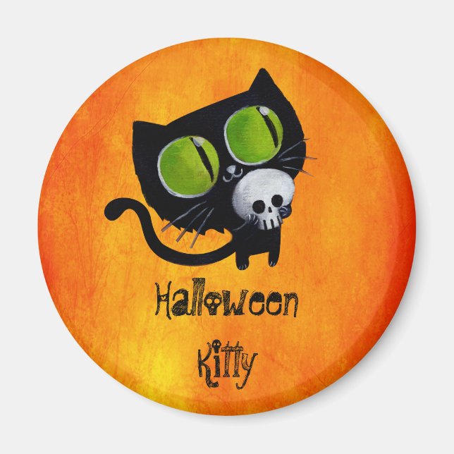 Imã Gato Negro de Halloween com crânio (Frente)