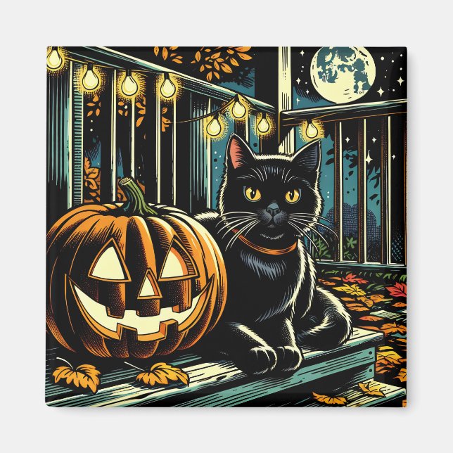 Imã Gato Negro e Jack-O-Lanterna Halloween (Frente)