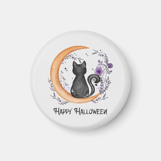 Imã Gato Negro e Lua Crescente para Feliz Halloween (Frente)
