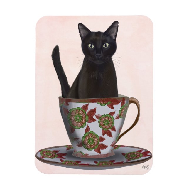 Ímã Gato Negro em Teacup (Vertical)