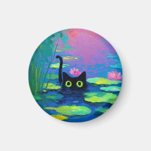 Imã Gato Negro Engraçado Nadando Pond Quirky Art