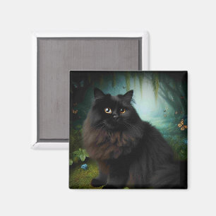 Imã Gato Negro Fluffy na Mistura Woods