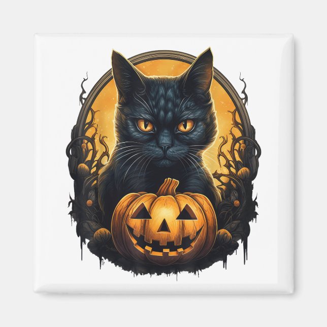 Imã Gato Negro Halloween Assustador Pumpkins Moon Blac (Frente)