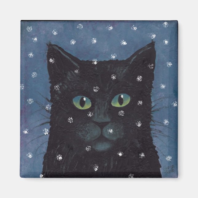 Imã gato negro na neve de inverno (Frente)