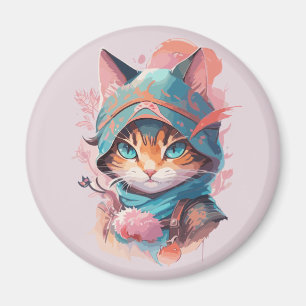 Imã Gato Ninja Encapuzado de Aquarela Fofo