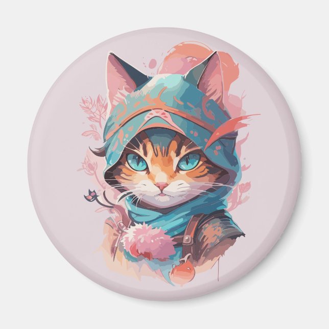 Imã Gato Ninja Encapuzado de Aquarela Fofo (Frente)