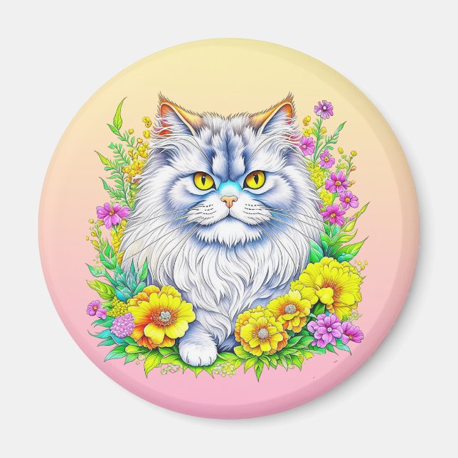 Imã Gato Persa em Flores Amarelas e Rosa (Frente)