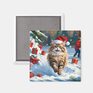 Imã Gato Persa Sentado na Neve com Chapéu de Natal