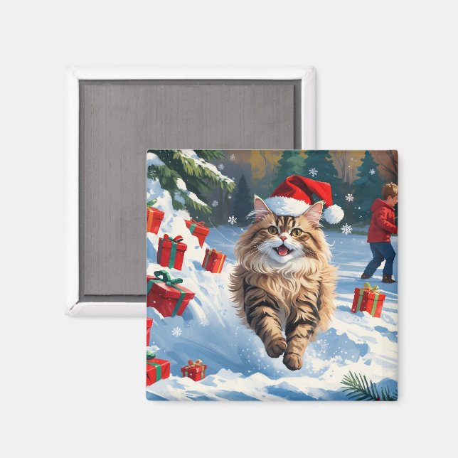 Imã Gato Persa Sentado na Neve com Chapéu de Natal (Front/Back)