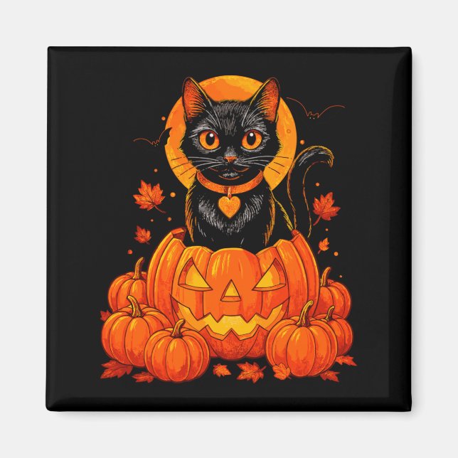 Imã Gato Preto Abóbora Lua Halloween Outono (Frente)