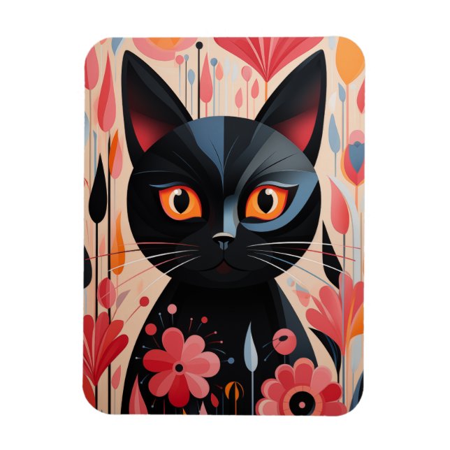 Ímã Gato Preto Adorável Com Flores Rosa (Vertical)