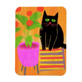 Ímã Gato Preto Adorável Com Plantas Domésticas