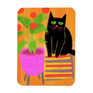 Ímã Gato Preto Adorável Com Plantas Domésticas