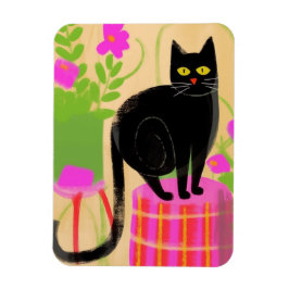 Ímã Gato Preto Adorável Com Plantas Domésticas