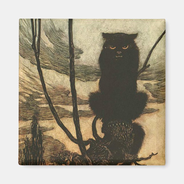 Imã Gato Preto Assustador de Halloween Vintage Rackham (Frente)