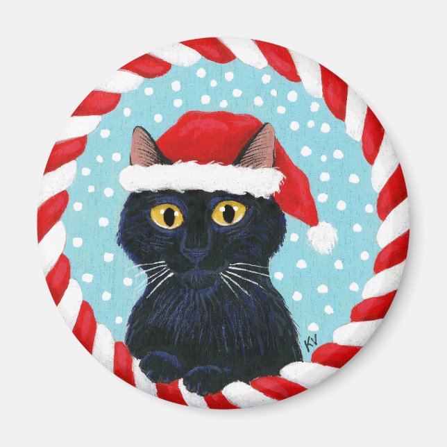 Imã Gato preto bonito, chapéu de Papai Noel, neve de i (Frente)