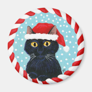 Imã Gato preto bonito, papai noel chapéu, neve do