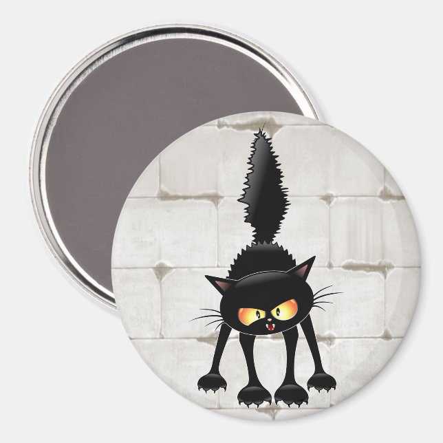 Imã Gato Preto Cartoon Engraçado e Feroz  (Front/Back)