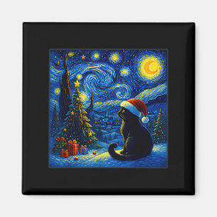 Imã Gato Preto Chapéu de Papai Noel Van Gogh Noite Est