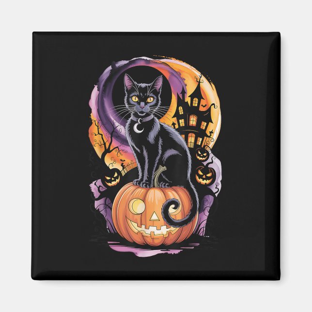 Imã Gato Preto Com Abóboras Sob Lua Cheia No Halloween (Frente)