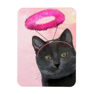 Ímã Gato Preto com Anjo Rosa Halo