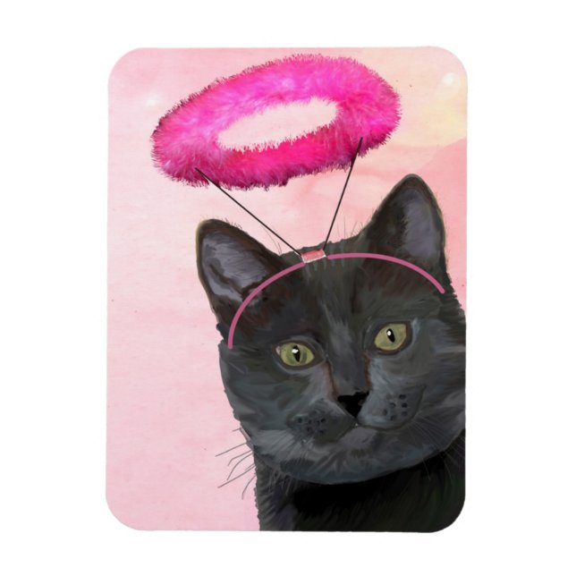 Ímã Gato Preto com Anjo Rosa Halo (Vertical)