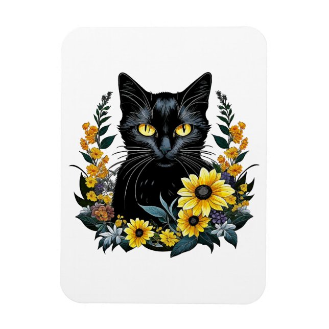 Ímã gato preto com flores (Vertical)