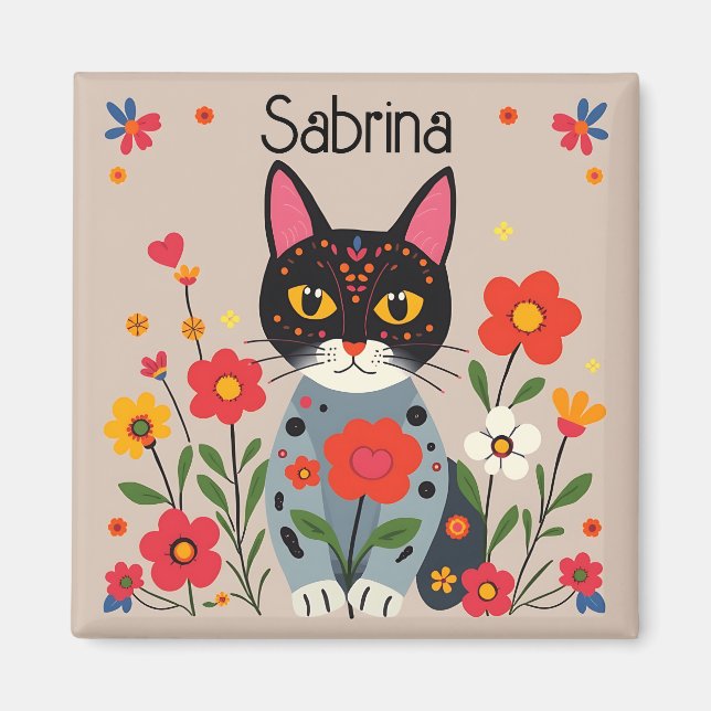 Imã Gato preto de arte popular e flores personalizadas (Frente)