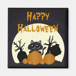 Imã Gato Preto de Halloween com Pumpkins num Cemitéri