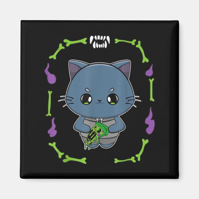 Imã Gato Preto de Halloween e Monstro de Pizza para Ho (Frente)