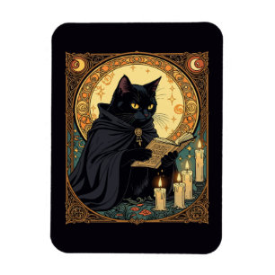 Ímã Gato Preto de Halloween Lendo um Livro