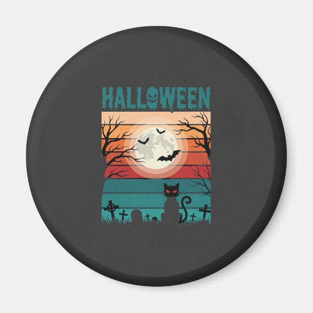 Imã Gato Preto De Halloween Lua Cemitério Vetor Retro  (Frente)