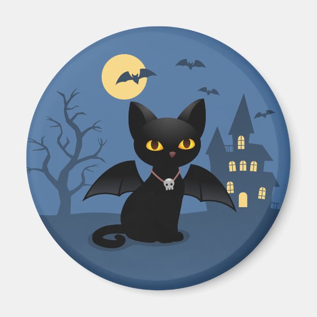 Imã Gato Preto de Vampiro de Halloween com Asas (Frente)