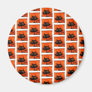 Imã Gato Preto do Halloween Quadrados Laranja Desenho
