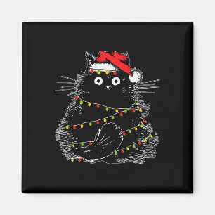 Imã Gato Preto do Papai Noel Enroscado na Luz da Árvor